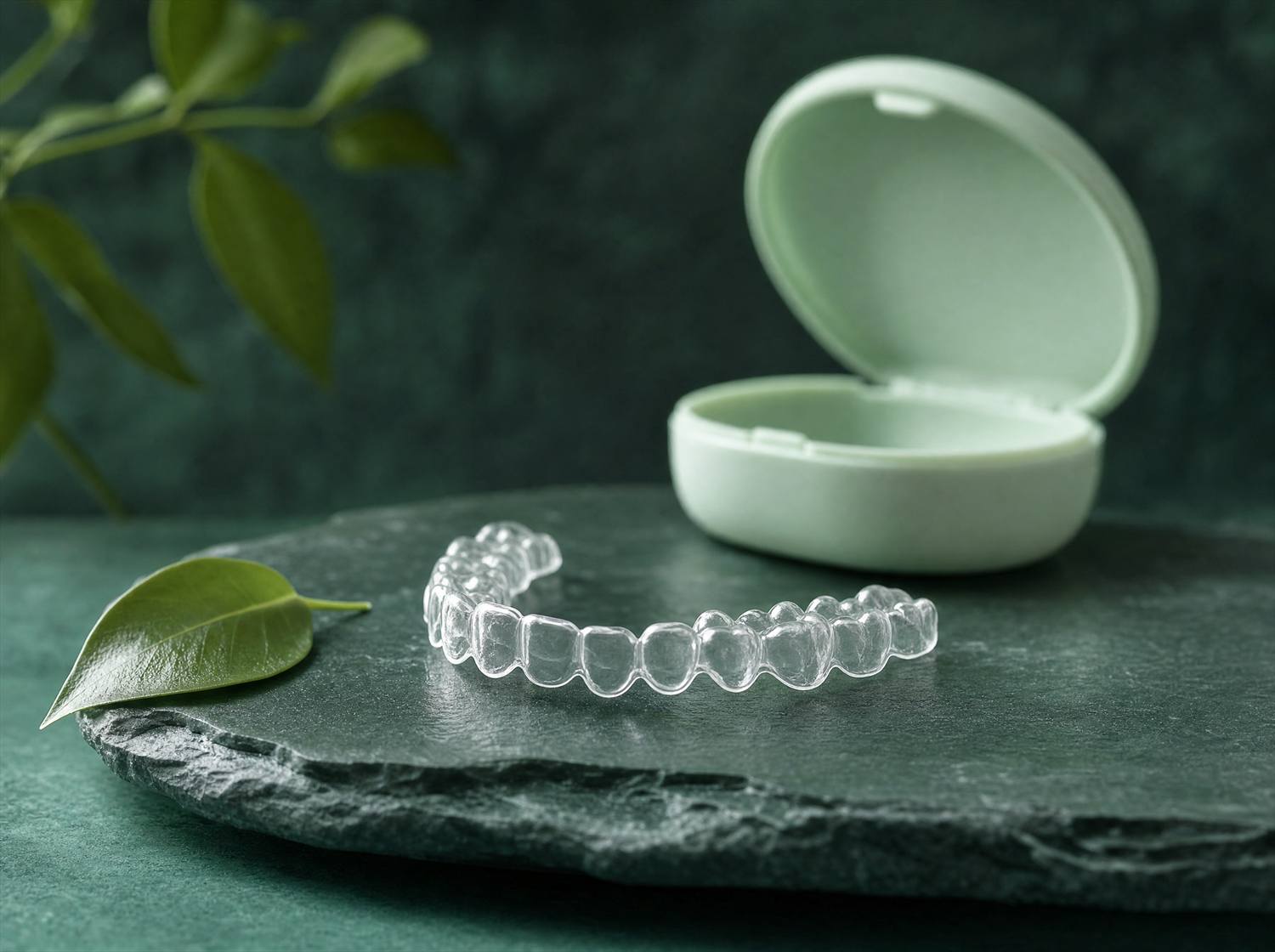 Clear aligner resting beside a green leaf on dark slate