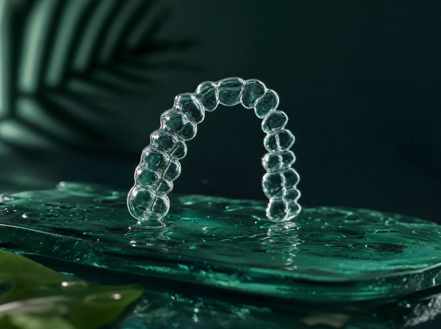 Macro shot of a clear aligner tray refracting sea-glass light